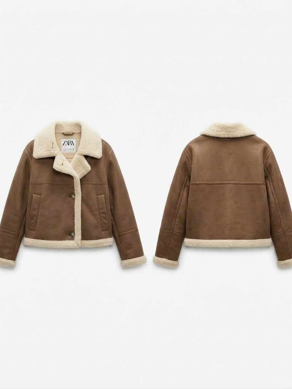 Zara Brown Shearling-Trim Pea Coat